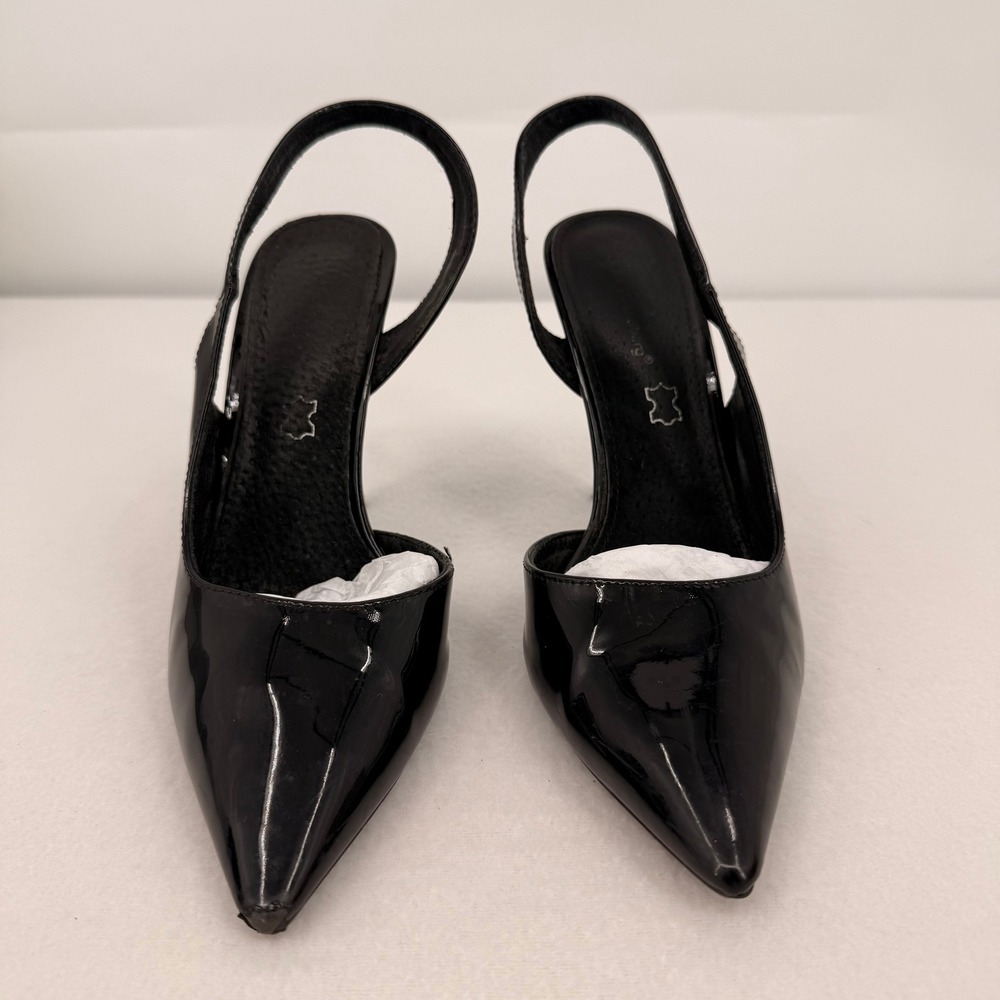 Elisabet Tang Womens Black Patent Slingback Pumps Pointed Toe Stiletto Heels 7.5